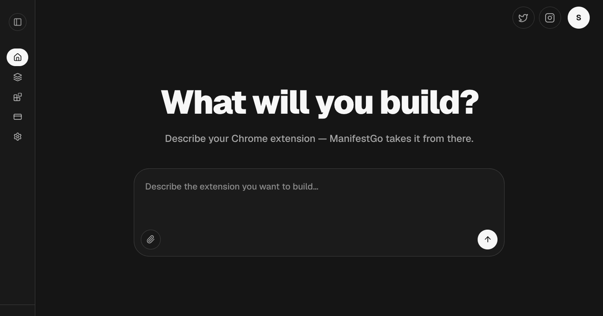 The ManifestGo builder — describe your Chrome extension and it gets built